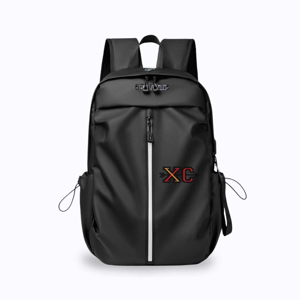 This black backpack with a colorful yellow and red print of ‘XC’ with an arrow crossing the letters in the middle. This backpack is uniquely designed for track and field athletes. It’s also available in light grey..