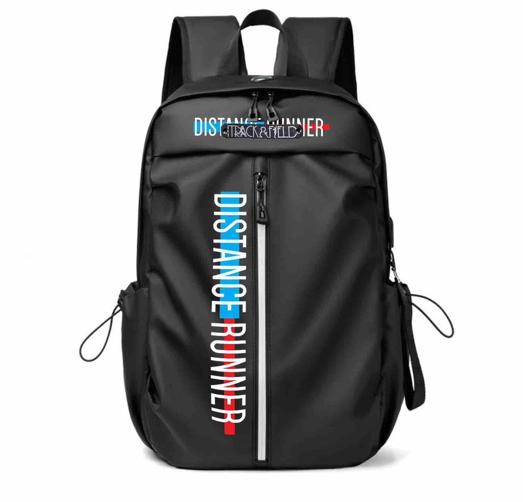 The text ‘Distance Runner’ is colorfully printed on the front of this backpack. The print is in shades of white, blue and red. The backpack has a variety of pockets and compartments, making it ideal for athletes. It can also be a great gift.
