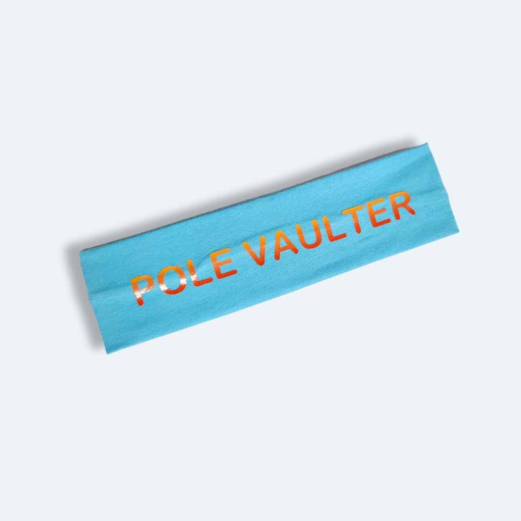 This headband has the words "POLE VAULTER" boldly printed on it in mixed orange. It is made from 100% cotton fabric, absolves moisture, and stays in place with the help of the silicone grip. 