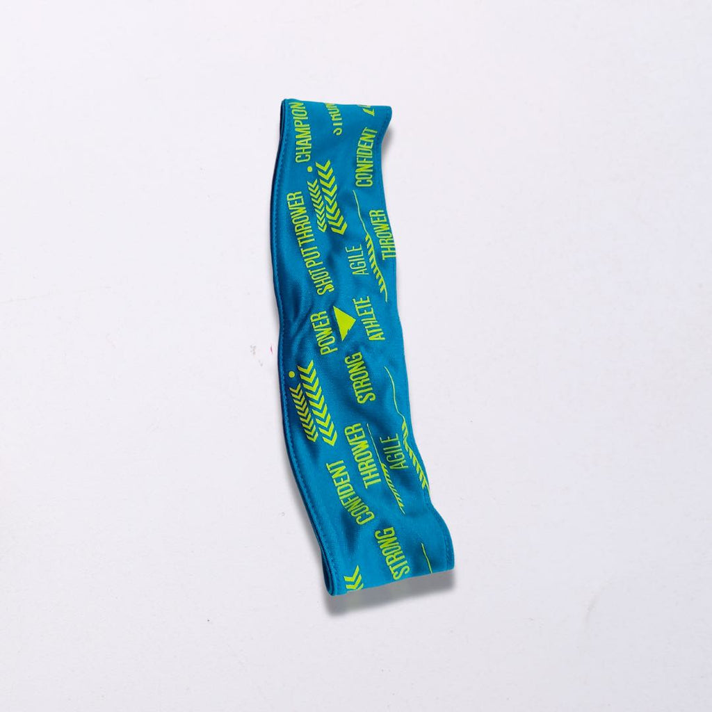 This blue headband has "Thrower", “Shotput Thrower”, “confident”, and other motivational words beautifully printed around it in Green. The headband is made from 100% polyester fabric and has a silicone hold for a firm grip.