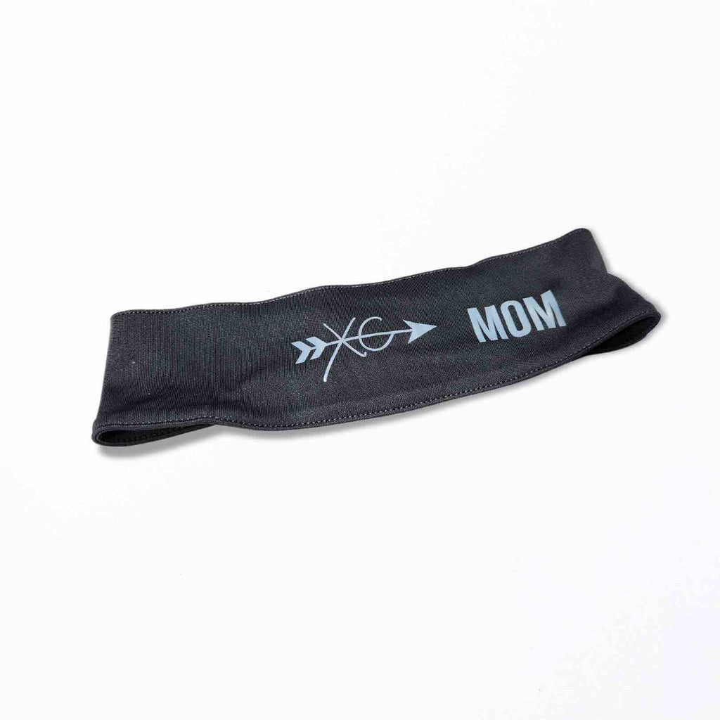 Stylish charcoal grey polyester headband with the words "XC Mom" printed on it with a secure silicone grip. Ideal gift for XC moms and sport enthusiasts. 