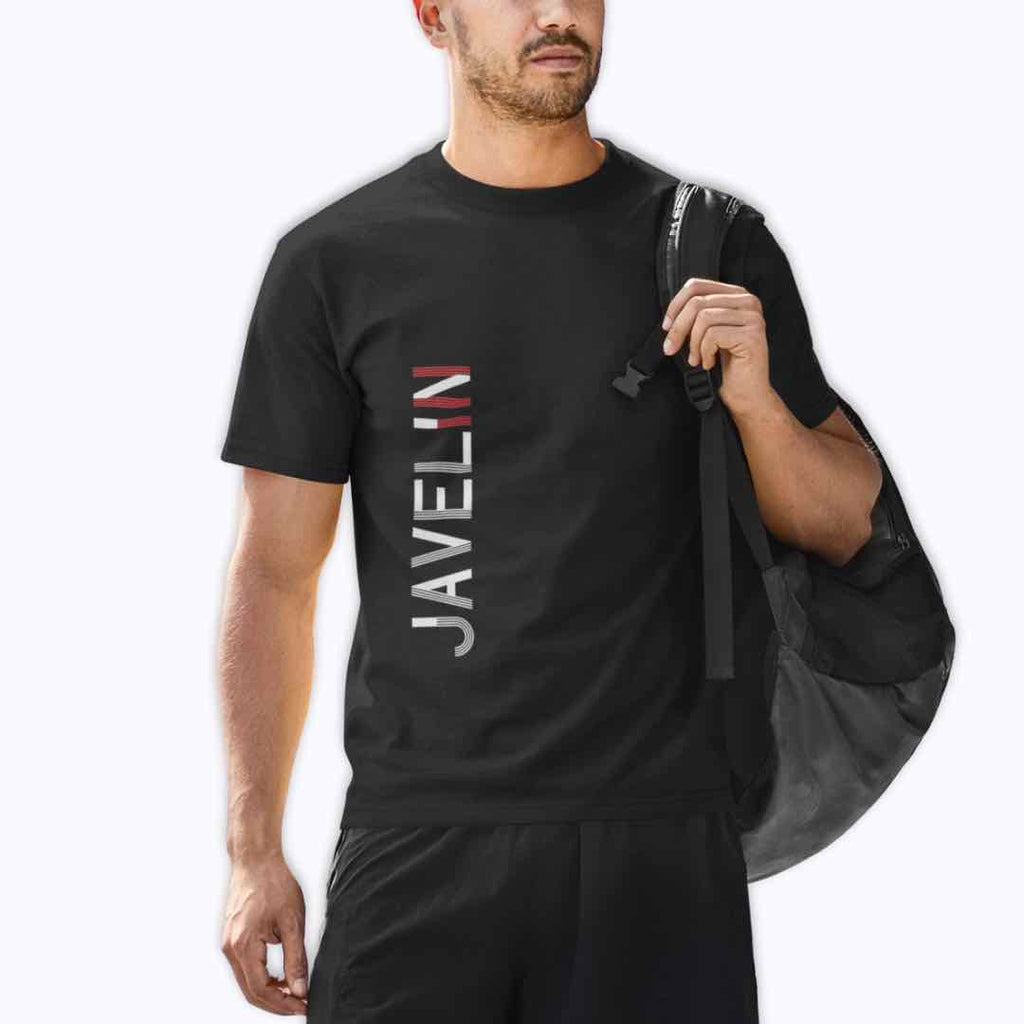 MAN WEARING A jAVELIN t-SHIRT FOR TRACK AND FIELD ATHLETICS