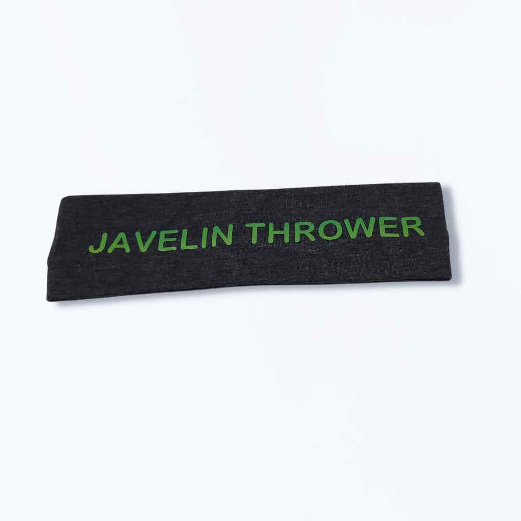 A Sports Grey Headband with 'JAVELIN THROWER' printed in bold letters, designed for moisture-wicking comfort, and equipped with silicone grip technology.