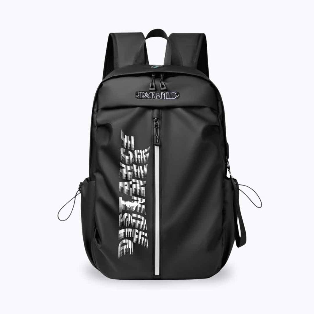 The text ‘Distance Runner’ is printed on the front of this backpack. The print is in shades of white. The backpack has a variety of pockets and compartments, making it ideal for athletes. It comes in black and light grey.