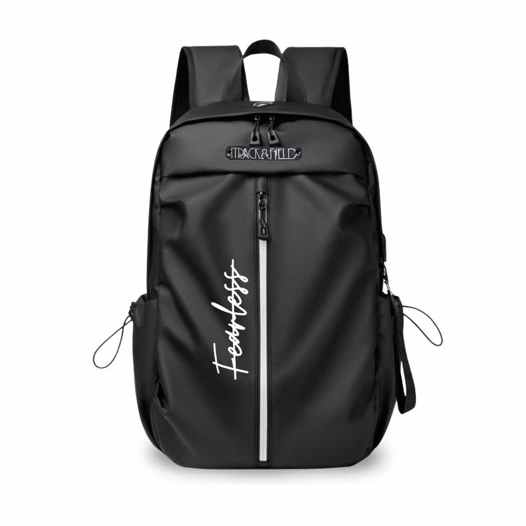 A black backpack with ‘ITrack&Field’ printed horizontally and ‘Fearless’ printed vertically in white on the front of the backpack. Beautifully design for track and field athletes. It also comes in light grey.