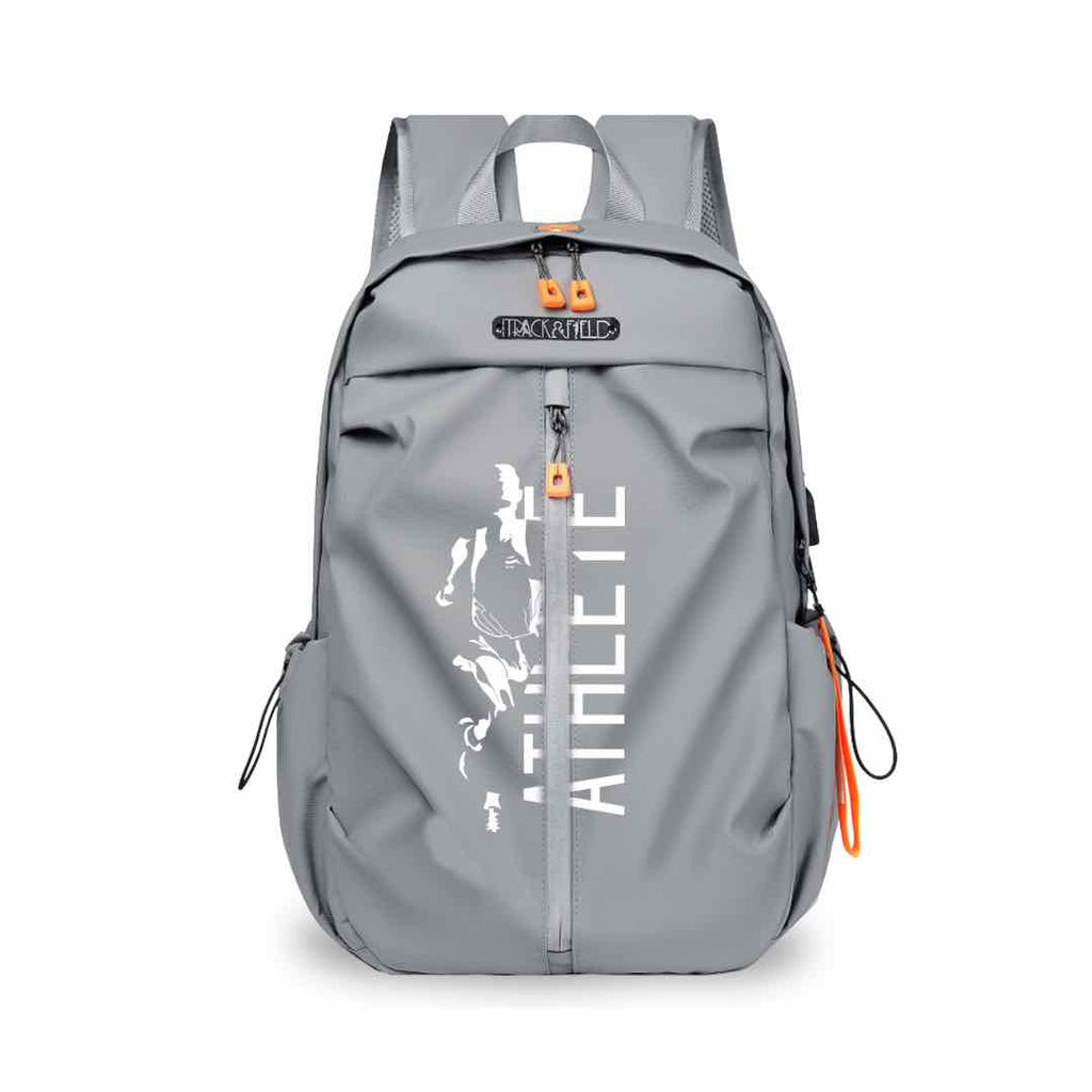 "A close-up image of a White and grey men's long distance running backpack with multiple compartments and adjustable straps for comfort and convenience during a run