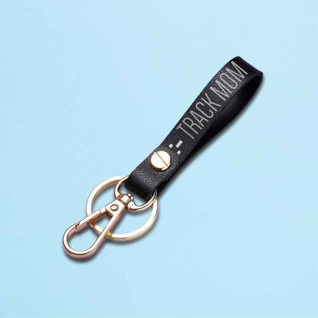Stylish and Supportive: Black Leather Track Mom Keychain for Athletic Moms