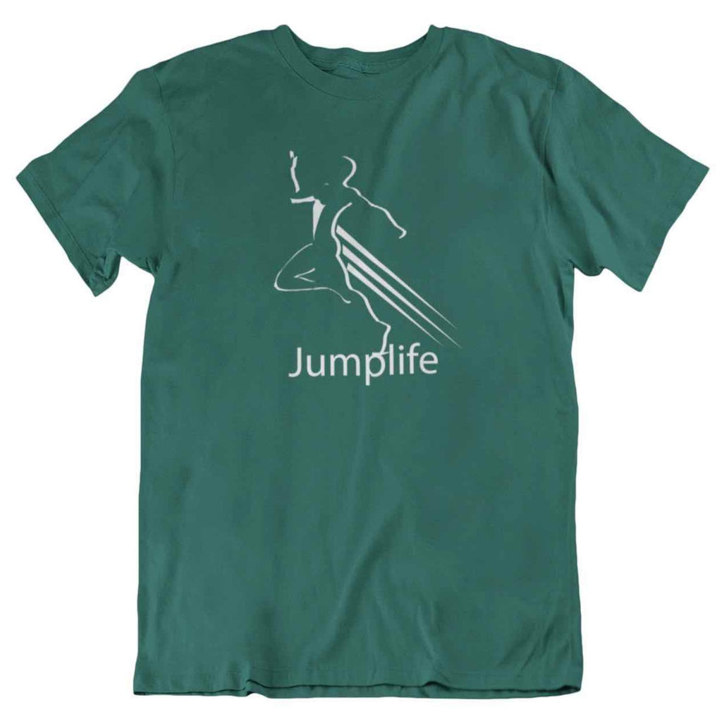 I Track And Field Women’s apparel men’s apparel T-shirt unisex loungewear fitness gear sportswear green high jumper jump take off athlete clothing clothes shirts tops active wear short sleeve motivational motivation graphic tee