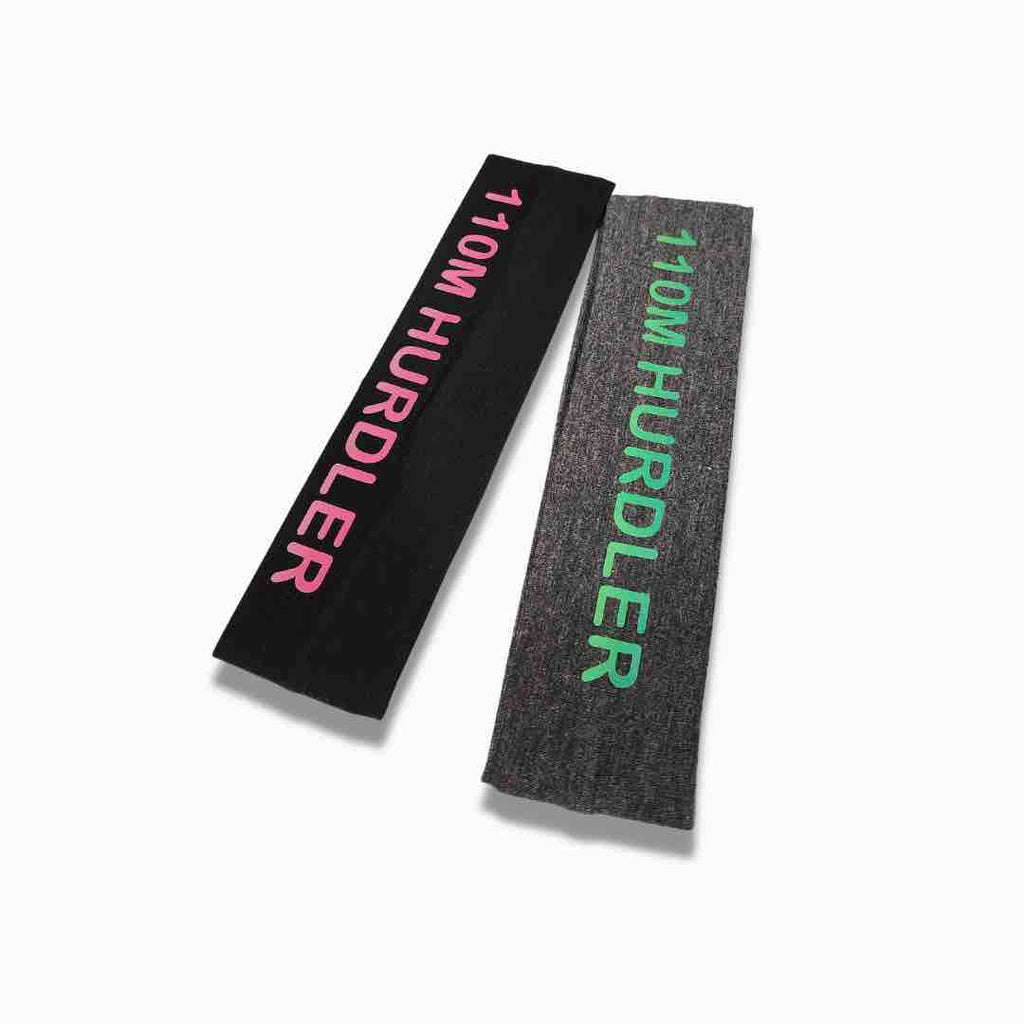 This is a moisture-wicking headband made from cotton for a soft and comfortable feel. It’s a one size fit all headband and has ‘110M HURDLER’ colorfully printed on it.
