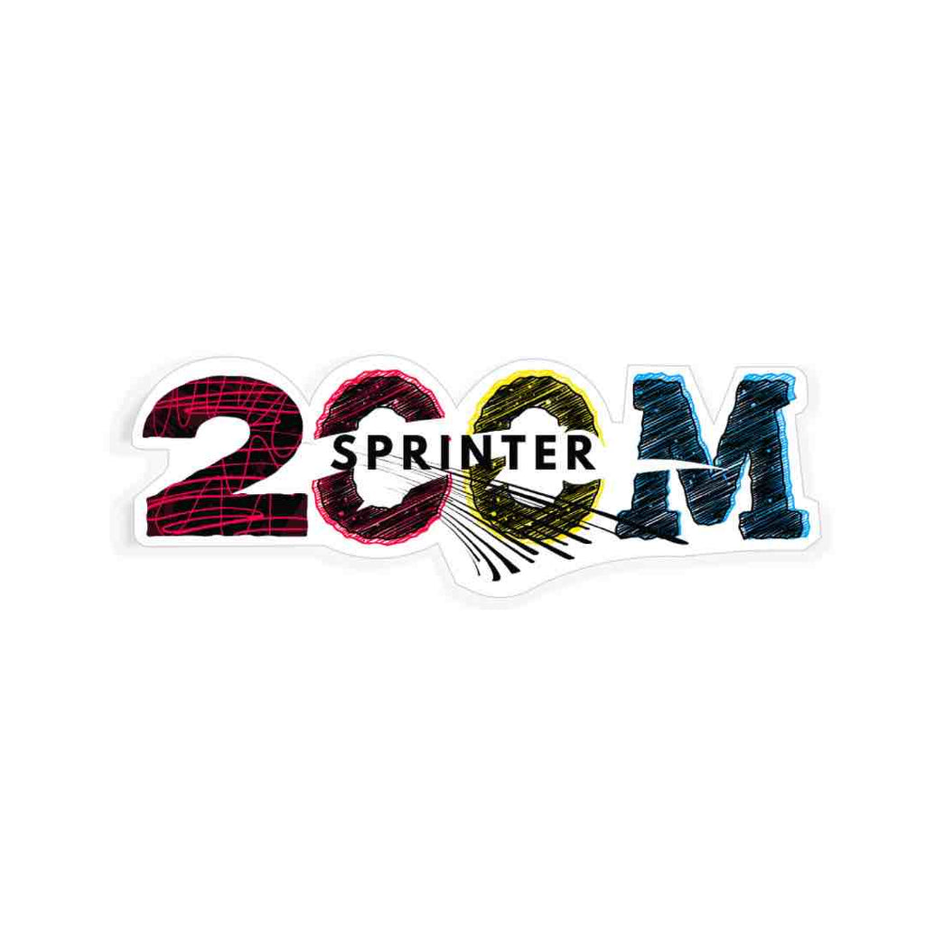 This sport sticker is a '200M Sprinter' sticker with bold, colorful lettering. The number '200' is stylized with red, pink and yellow sketch-like textures, while the 'M' is blue with a rough, hand-drawn effect. The word 'SPRINTER' is in solid black across the center, with dynamic speed lines bursting from the middle, emphasizing motion and energy.