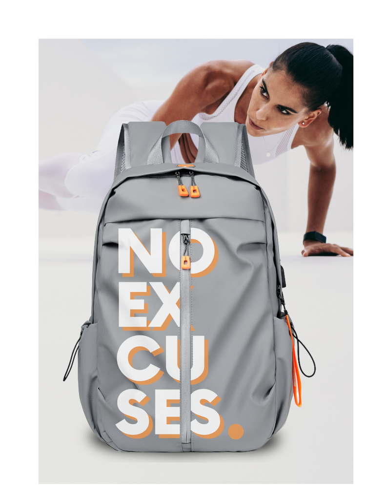Stylish Track and field Back pack with written No excuses text in white and orange on the front and a female athlete in the background