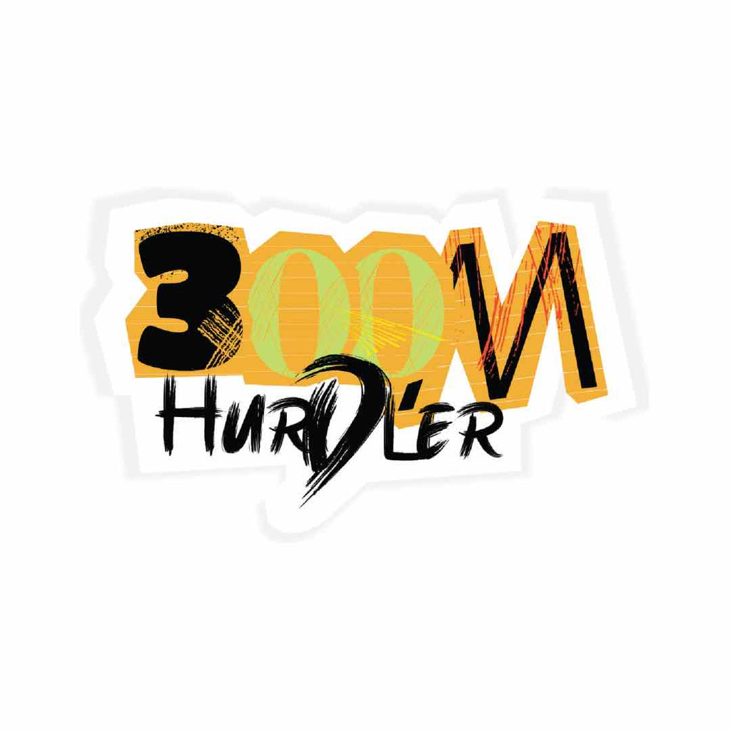 A sticker with the number "300M" in a bold, geometric font in yellow and light green, and the word "HURDLER" written in a brush script font in black below it, all on a white background with a thin gray outline.