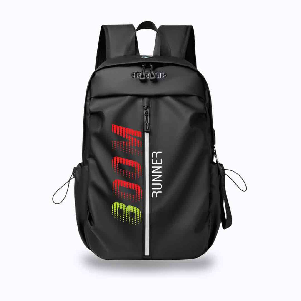 This black backpack has the text "800m Runner" is colorfully printed on the front. The print is in shades of green, red, and white. This backpack has a variety of pockets and compartments, making it ideal for track and field athletes to store their gear.