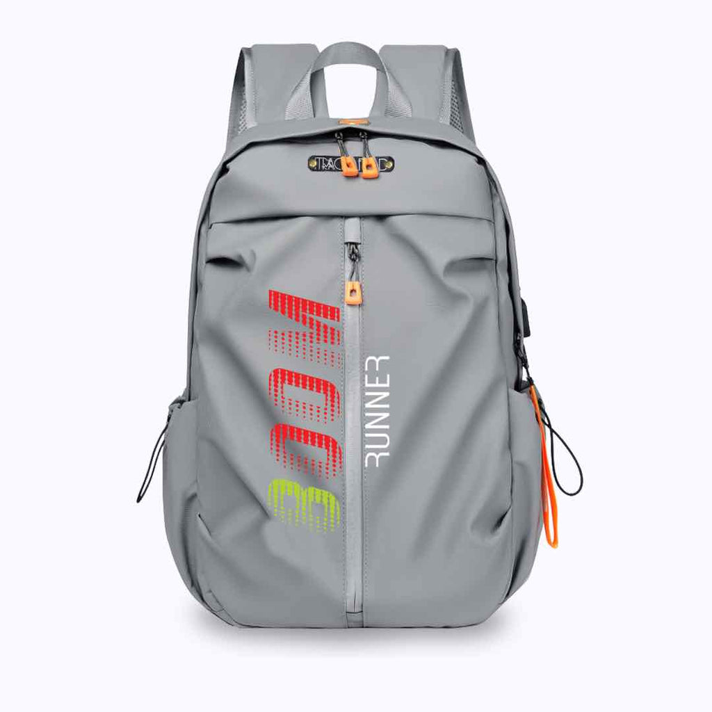 This black backpack has the text "800m Runner" is colorfully printed on the front. The print is in shades of green, red, and white. This backpack has a variety of pockets and compartments, making it ideal for track and field athletes to store their gear.