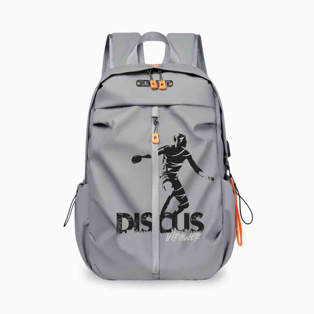 This grey backpack has a sleek design of a silhouette man and the words "DISCUS THROWER" printed on it with black. It has multiple compartments and it's waterproof. 