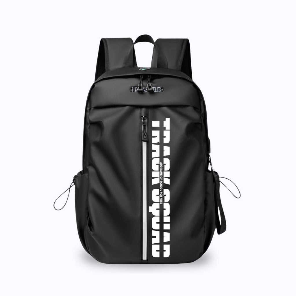 This black backpack is water proof and has multiple compartments for maximum storage. It has the words "TRACK SQUAD" boldly printed on it.