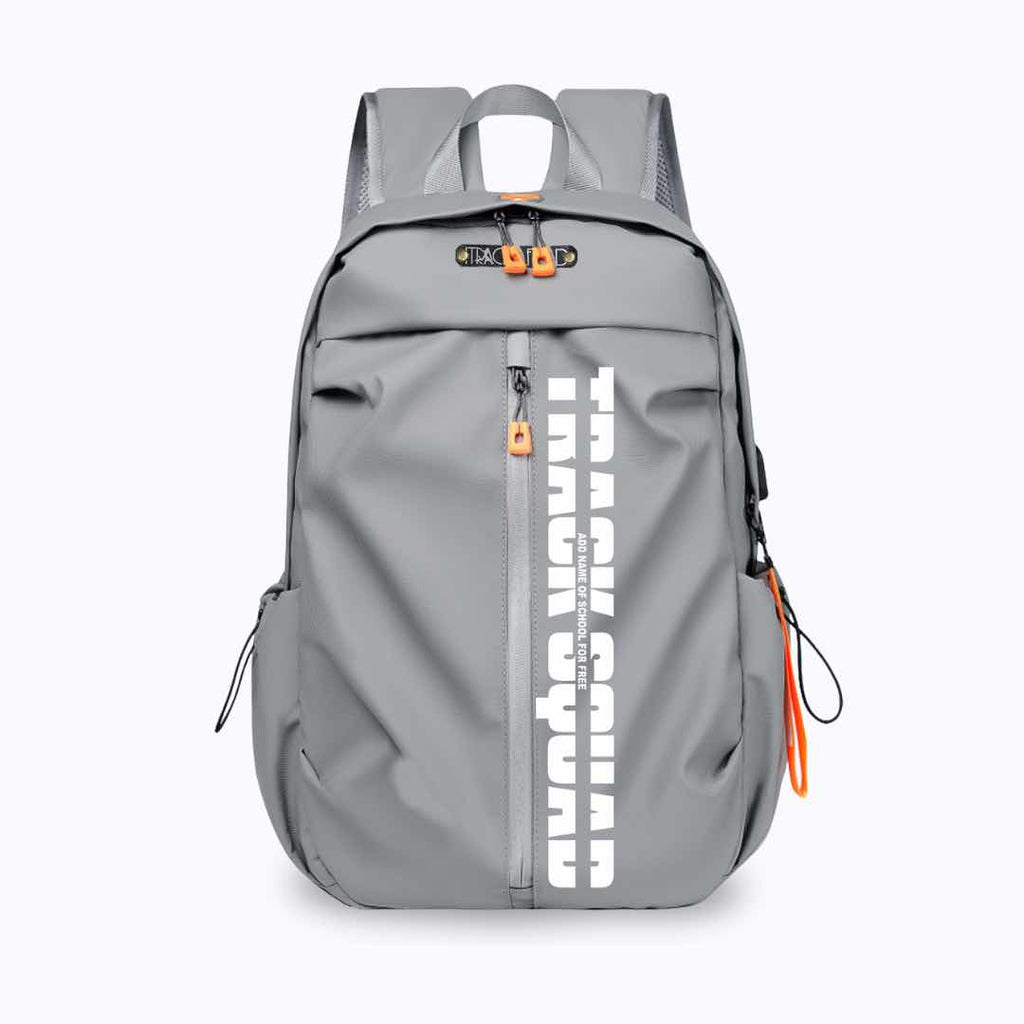 This light grey backpack is water proof and has multiple compartments for maximum storage. It has the words "TRACK SQUAD" boldly printed on it.