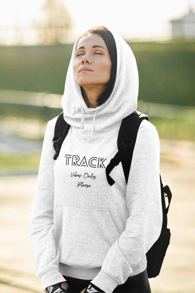This is an image of a lady in gray hoodie that has ‘TRACK’ in bold and ‘Vibes Only Please’ in smaller text, printed across the chest. It is made from 50% cotton and 50% polyester blend that wicks moisture. It is also an ideal gift for any track athlete or enthusiast. 