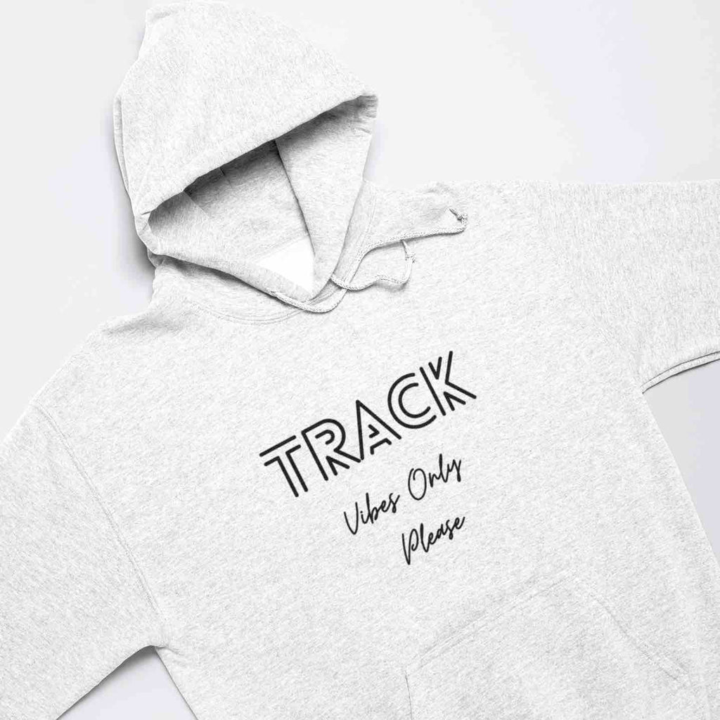 This gray hoodie has ‘TRACK’ in bold and ‘Vibes Only Please’ in smaller text, printed across the chest. It is made from 50% cotton and 50% polyester blend that wicks moisture. It is also an ideal gift for any track athlete or enthusiast. 