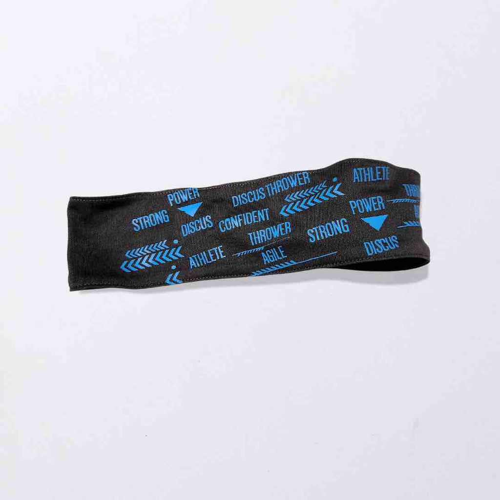 Dark Grey headband with "Thrower", “Discus Thrower”, “confident”, and other motivational words beautifully printed around it in Blue. It is made of a soft, and stretchy 100% polyester fabric, wicks moisture and has a silicone hold for a firm grip. 