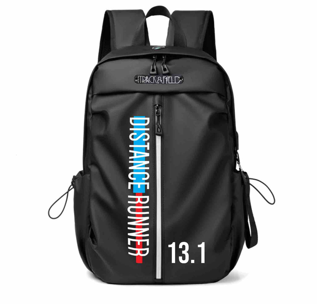 The text ‘Distance Runner’  and ’13.1’ is colorfully printed on the front of this backpack. The print is in shades of white, blue and red. The backpack has a variety of pockets and compartments, making it ideal for athletes. It can also be a great gift.