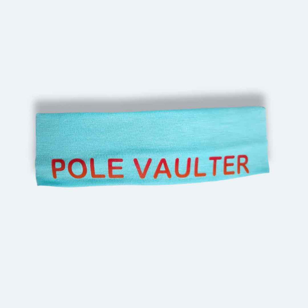 This headband has the words "POLE VAULTER" boldly printed on it in pink. It is made from 100% cotton fabric, absolves moisture, and stays in place with the help of the silicone grip. 