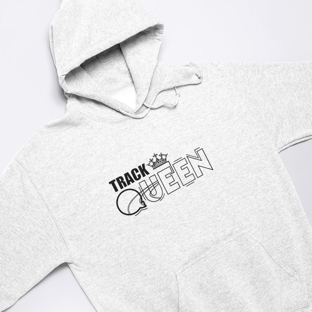 This is an image of a female wearing the “Track Queen Hoodie”. This grey hoodie has a black bold print of the text ‘TRACK QUEEN’ and a small image of a crown on the text. It also has ‘ITRACKANDFIELD’ printed in bold letters on the sleeve. It features a double-lined hood with matching drawstring, ribbed cuffs and waistband, and a pouch pocket.