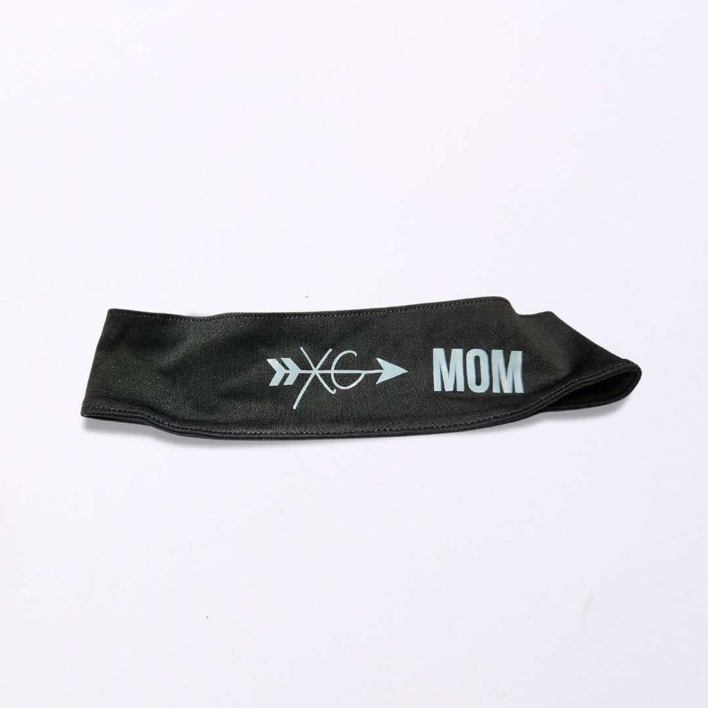 Stylish black polyester headband with the words "XC Mom" printed on it with a secure silicone grip. Ideal gift for XC moms and sport enthusiasts. 