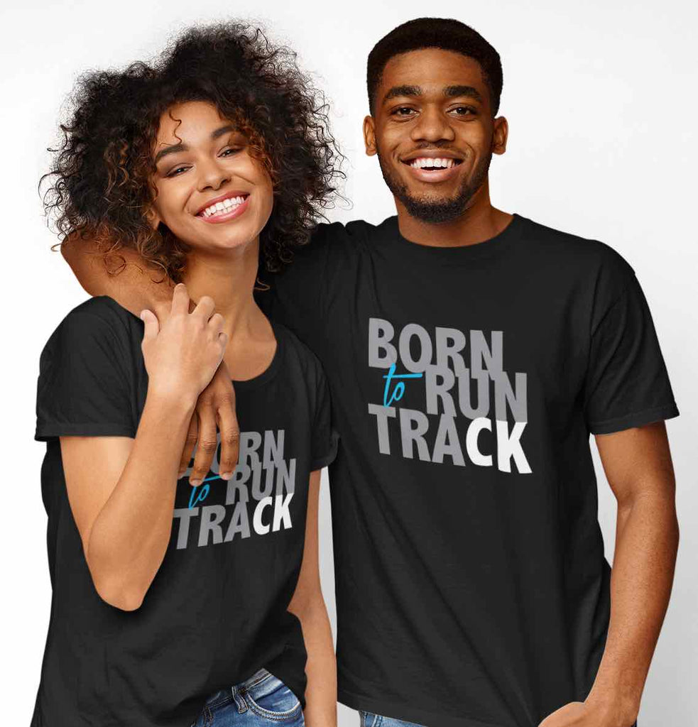 couples t-shirt, born to run track t-shirt worn by two athletes male and female. born to run track design on black shirts.