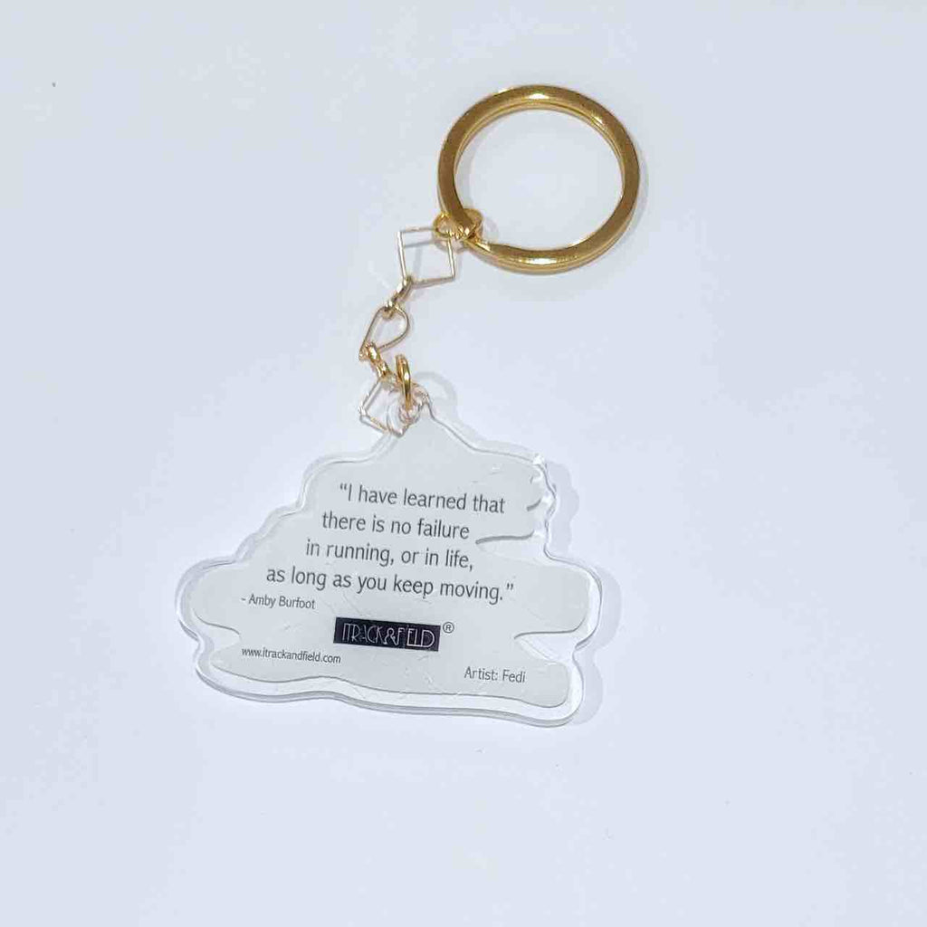 A sleek and stylish women's distance running clear Acrylic keychain with a runner silhouette and motivational message