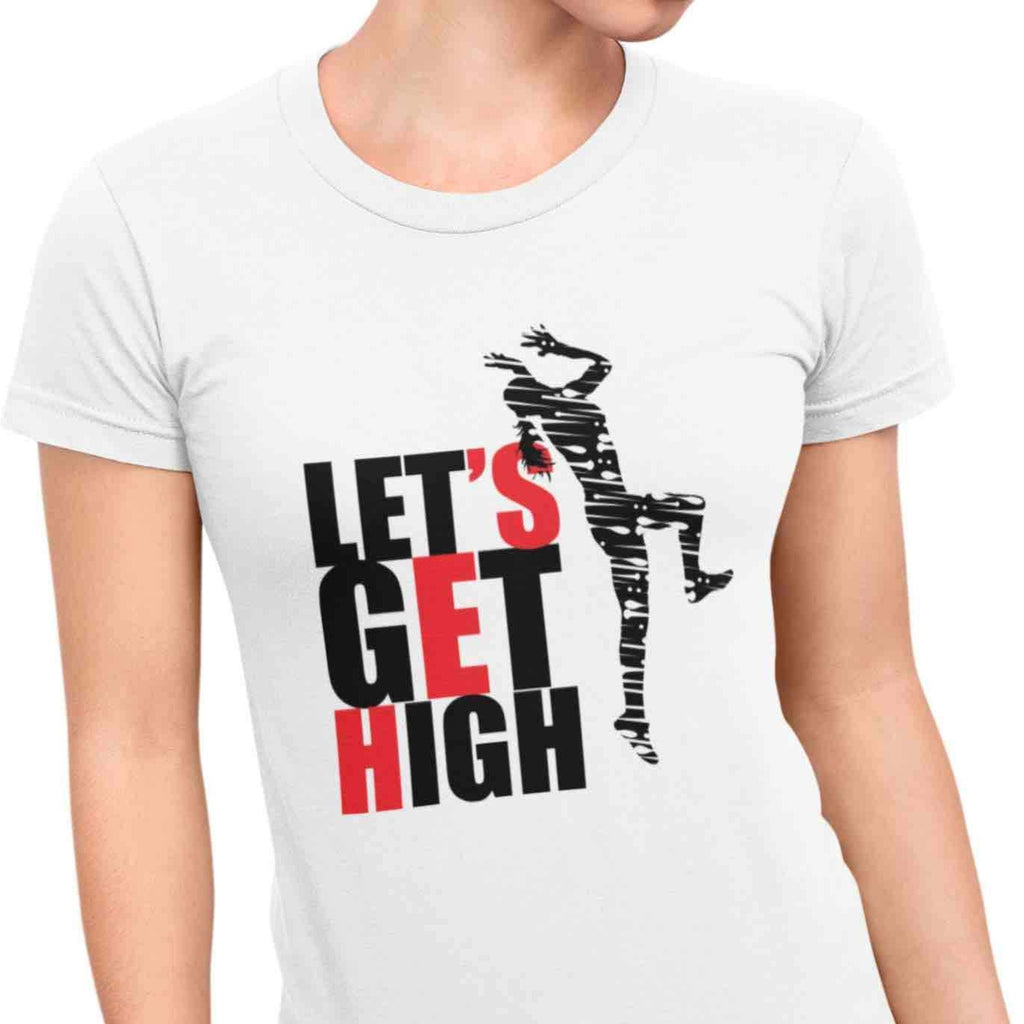 I Track And Field Women’s apparel men’s apparel T-shirt unisex loungewear fitness gear sportswear white high jumper jump athlete clothing clothes shirts tops active wear short sleeve let’s get high motivational motivation graphic tee