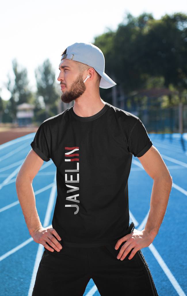 MAN WEARING A ROUND NECK TEE WITH jAVELIN EVENT DESIGN ON A BLACK T-SHIRT