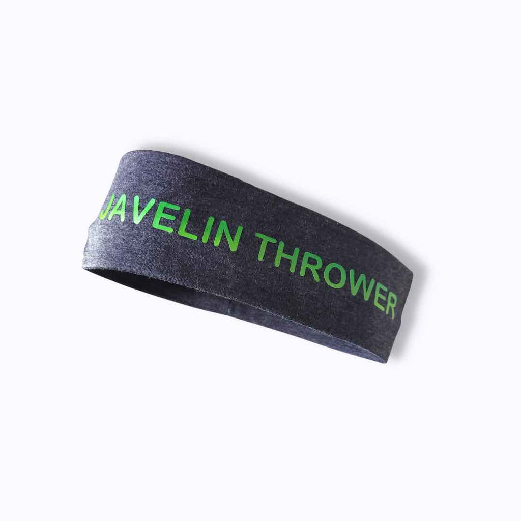 A Sports Grey Headband with 'JAVELIN THROWER' printed in bold letters, designed for moisture-wicking comfort, and equipped with silicone grip technology.