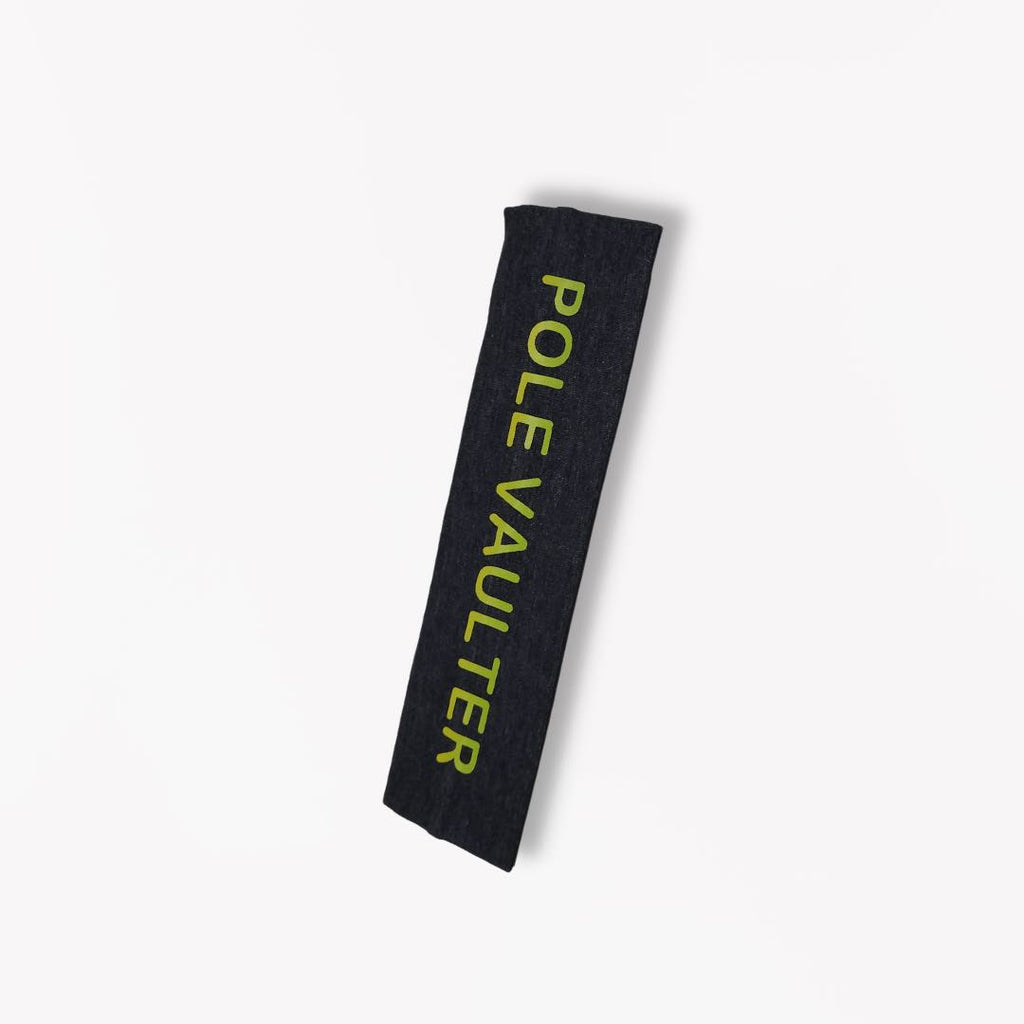 This headband has the words "POLE VAULTER" boldly printed on it in green. It is made from 100% cotton fabric, absolves moisture, and stays in place with the help of the silicone grip. 