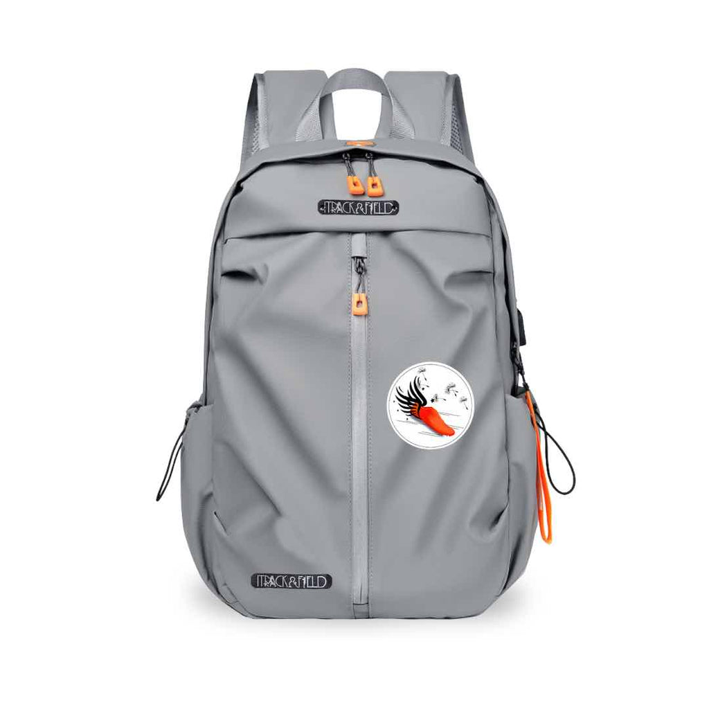 This light grey backpack has a colorful picture of a red shoe with black wings on it. It is made from durable waterproof material with multiple compartments for all your essentials.