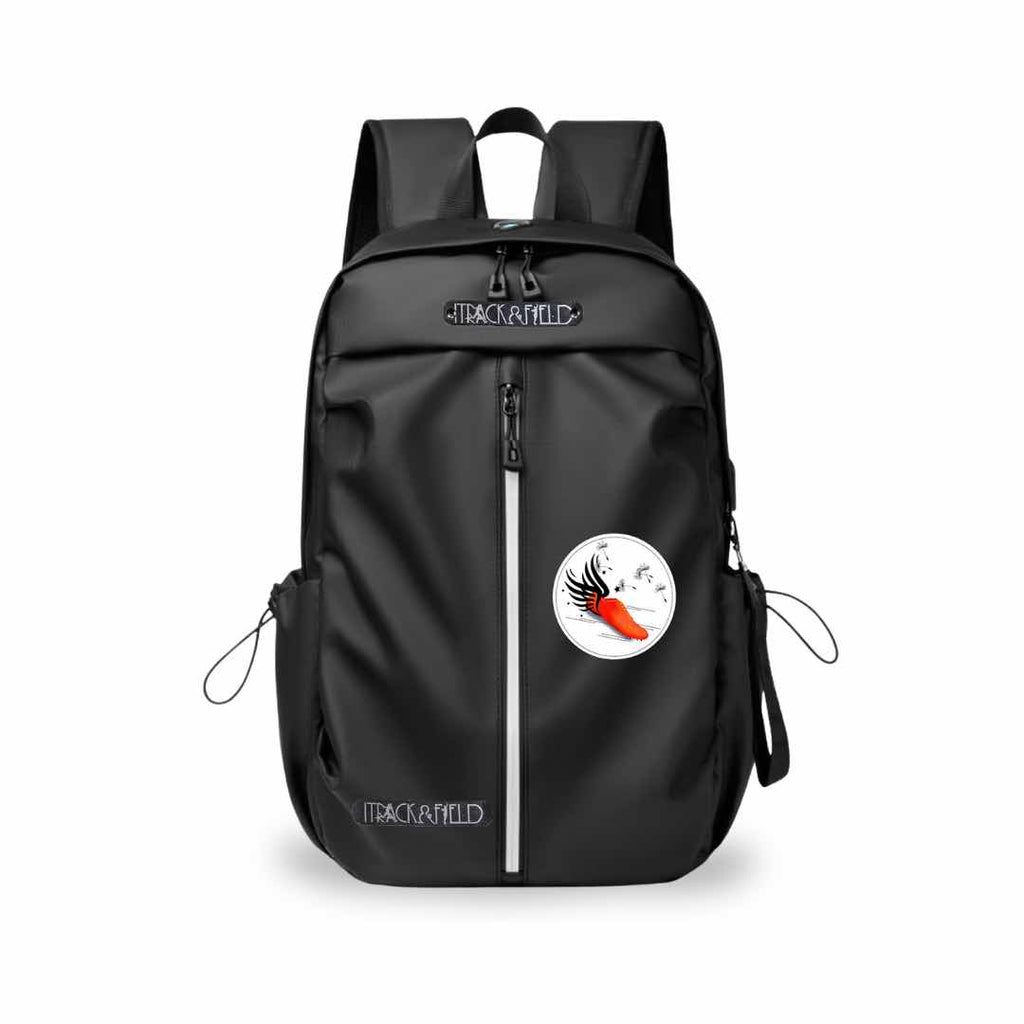 This black backpack has a colorful picture of a red shoe with black wings on it.  It is made from durable waterproof material with multiple compartments for all your essentials.