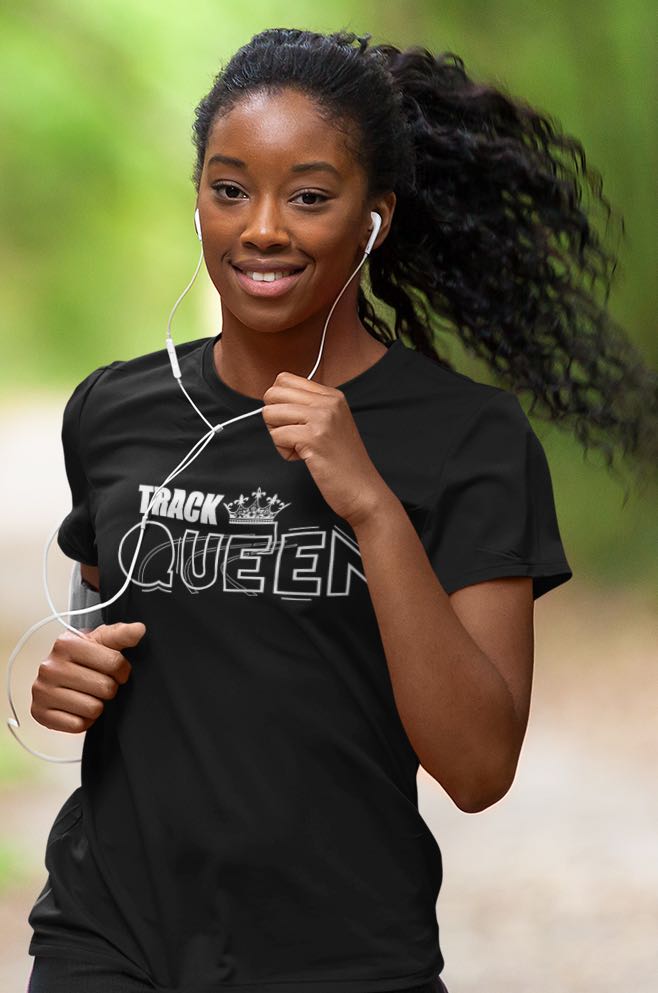 I Track And Field Women’s apparel T-shirt loungewear fitness gear sportswear athlete clothing clothes shirts tops active wear short sleeve sprints long distance running run runner black track queen feminism feminist graphic tee