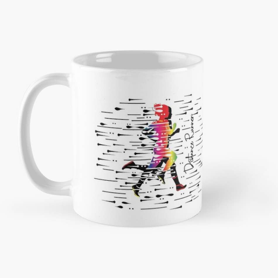 This white coffee mug image has with a colorful female silhouette and the words "Distance Runner" printed on it. It is made from durable ceramic and it's microwave and dishwasher friendly. It is also the ideal gift for any female Distance Runner in your life.