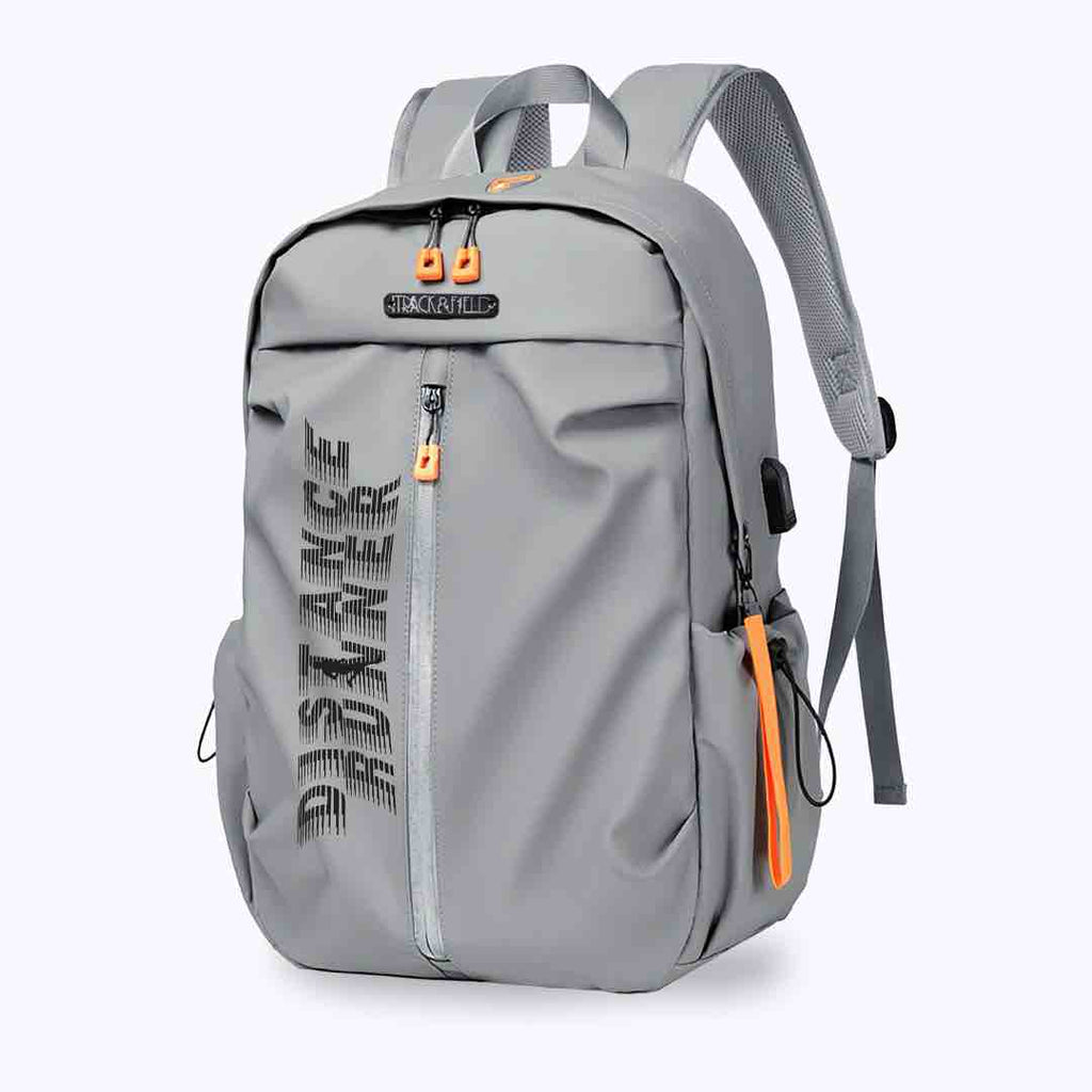 The text ‘Distance Runner’ is printed on the front of this light grey backpack. The print is in shades of black. The backpack has a variety of pockets and compartments, making it ideal for athletes. It also comes in black.