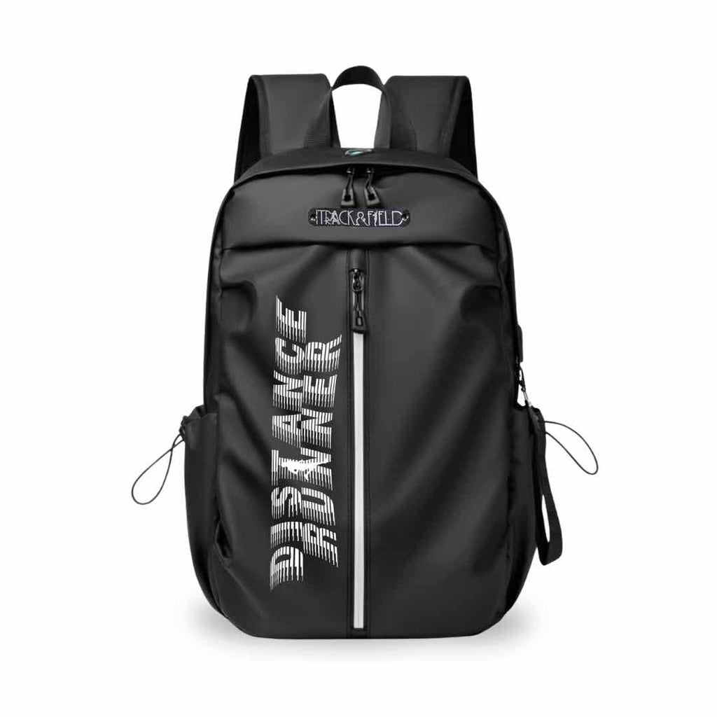 The text ‘Distance Runner’ is printed on the front of this black backpack. The print is in shades of white. The backpack has a variety of pockets and compartments, making it ideal for athletes. It also comes in light grey.