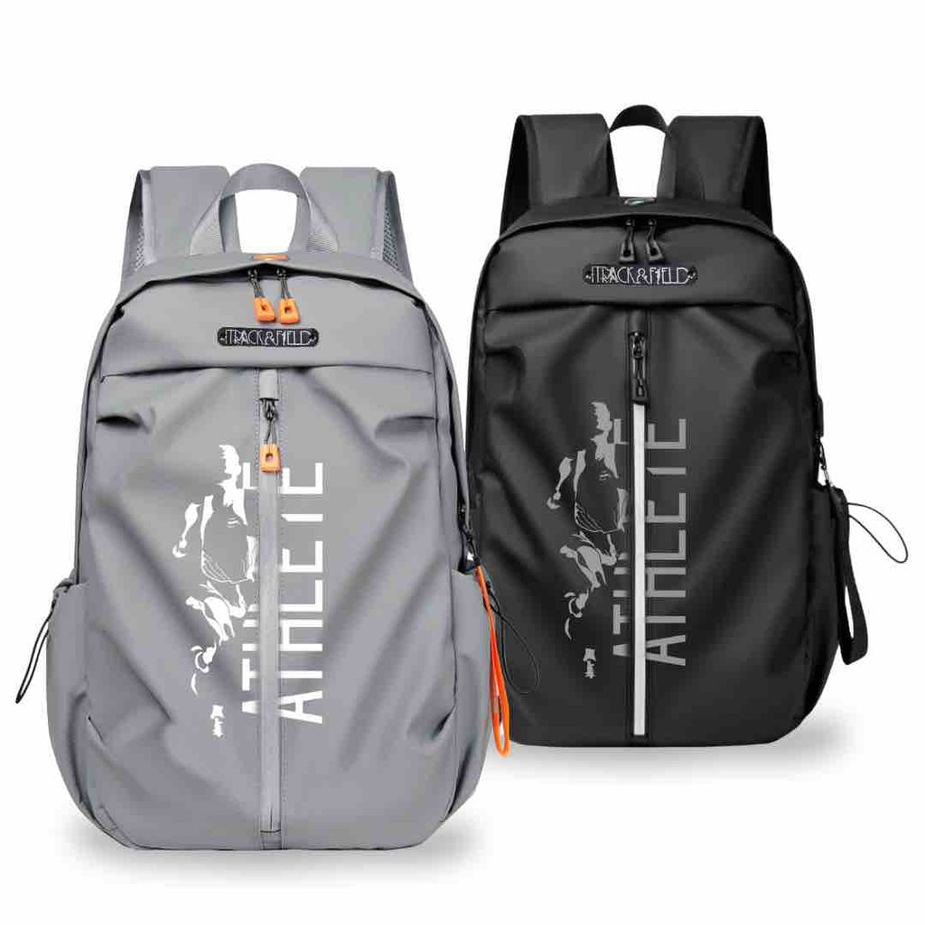 An image of a grey backpack with ‘Athlete’ stylishly printed with white on the front. Uniquely tailored with multiple compartments and adjustable straps for comfort and convenience during a run.