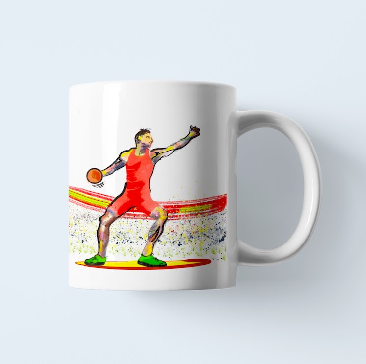 This white Coffee Mug has a colorful print of a 'Discus Thrower' on the field on it. It is dishwasher and microwave friendly. 