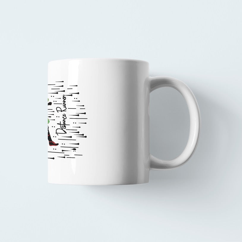 This white coffee mug image has with a colorful female silhouette and the words "Distance Runner" printed on it. It is made from durable ceramic and it's microwave and dishwasher friendly. It is also the ideal gift for any female Distance Runner in your life.