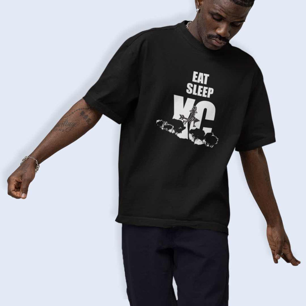 A close-up image of mens cross country running T-shirt in Black with the ext eat, sleep XC perfect for long distance runs.