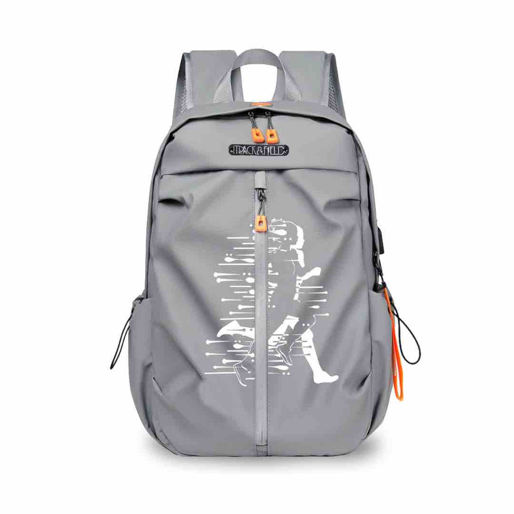 A light grey backpack with the unique white silhouette of a woman running on it. This cross country backpack is designed for women distance running athletes and has a variety of pockets and compartments to store essential gear.