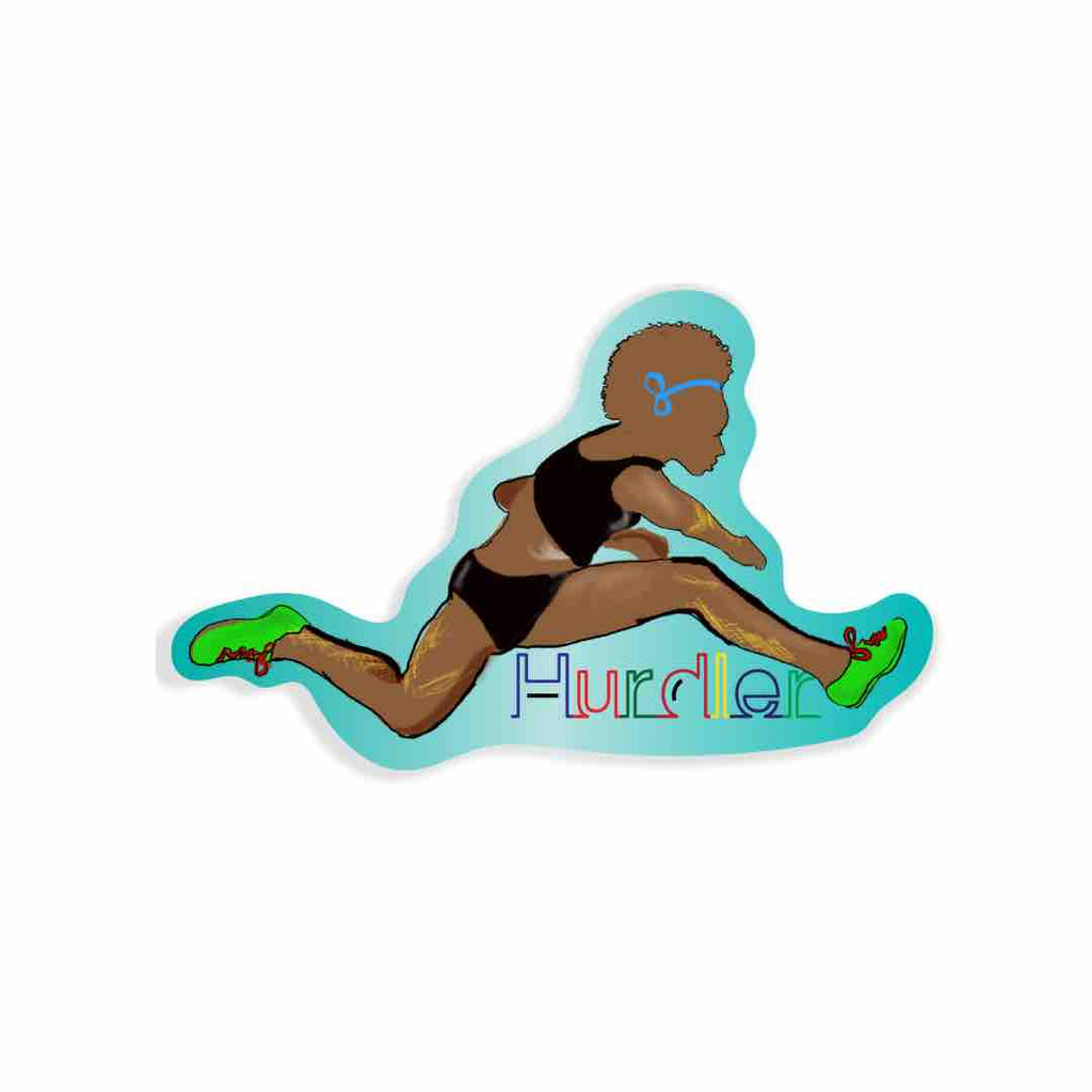 Unique women's 100m hurdler sticker capturing the essence of hurdling in track and field, perfect for athletic enthusiasts and sports decor.
