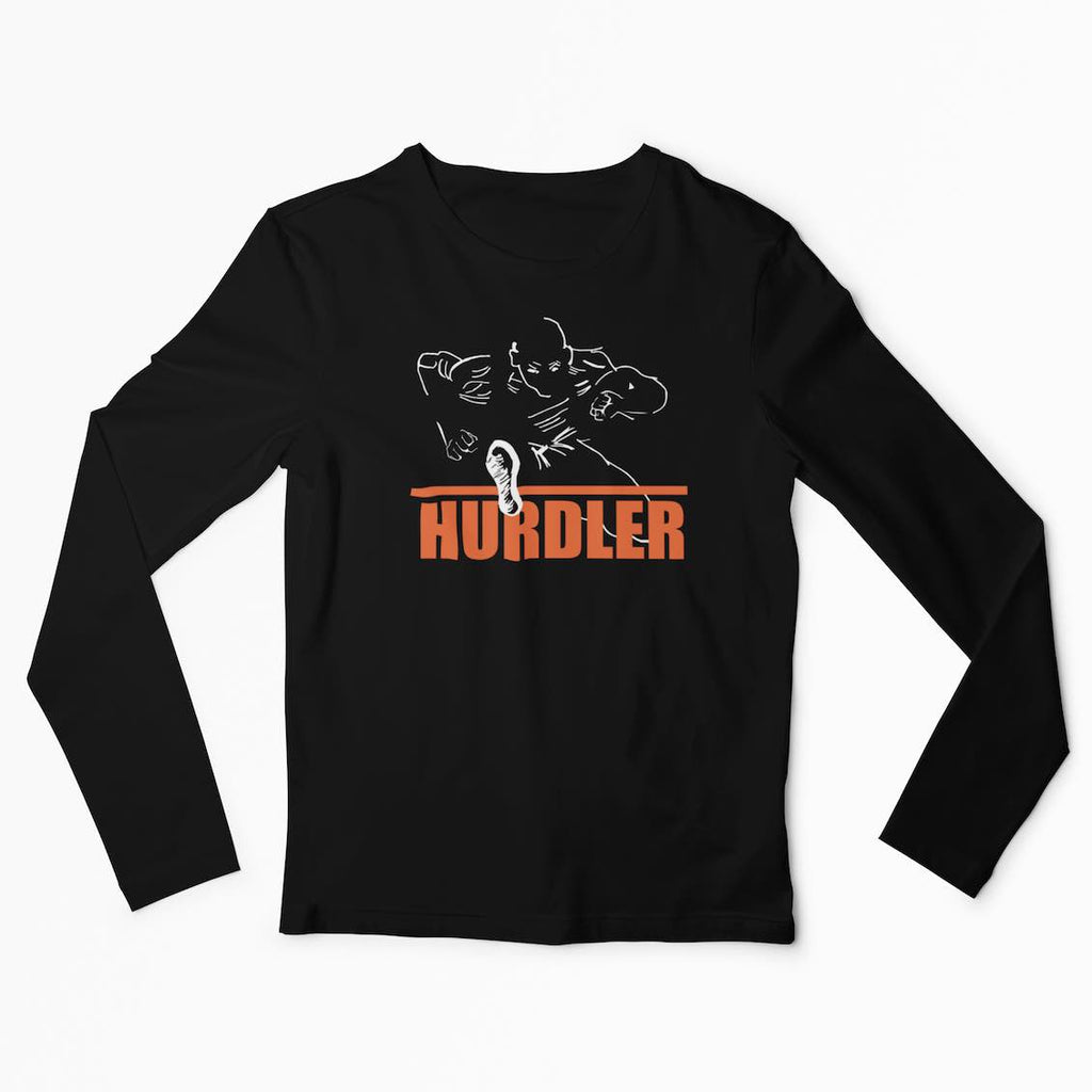 I Track And Field  men’s apparel T-shirt hurdles hurdler hurdle loungewear fitness gear sportswear black male sprinter running athlete clothing clothes shirts tops active wear long sleeve