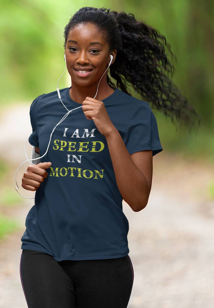 Track And Field Women’s apparel men’s apparel T-shirt unisex loungewear fitness gear sportswear I am speed in motion speed athlete clothing clothes shirts tops active wear short sleeve running run runner blue motivation motivational