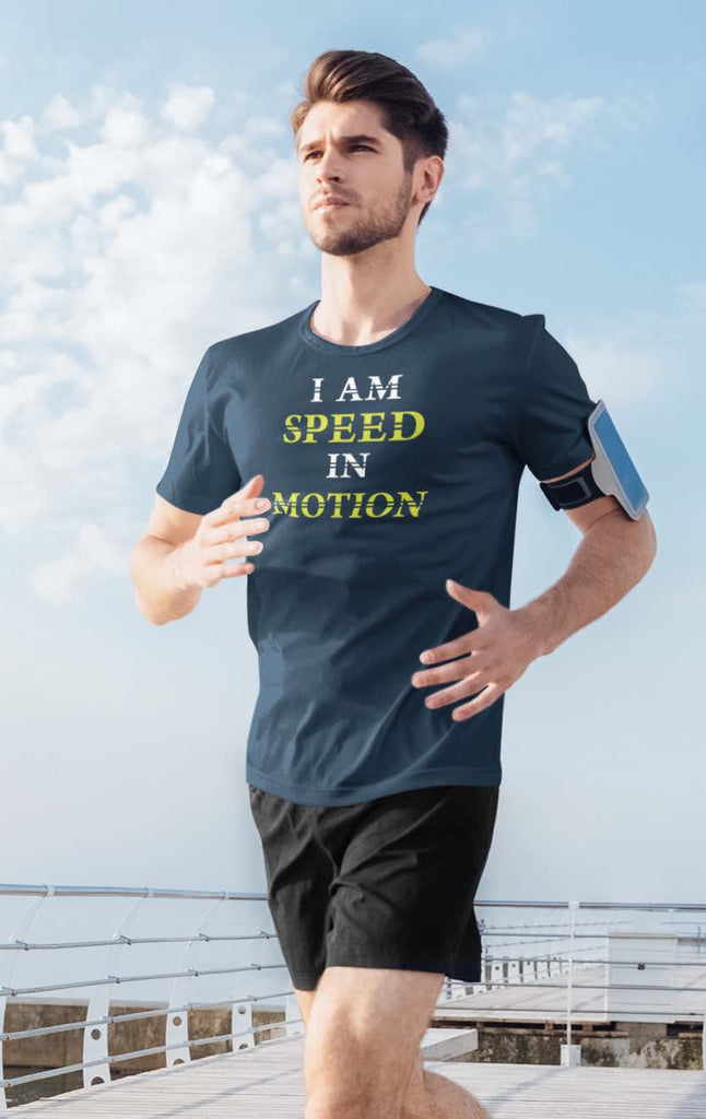 Track And Field Women’s apparel men’s apparel T-shirt unisex loungewear fitness gear sportswear I am speed in motion speed athlete clothing clothes shirts tops active wear short sleeve running run runner blue motivation motivational