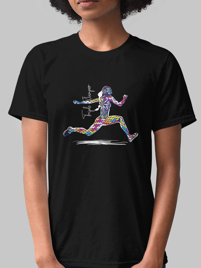 I Track And Field Women’s apparel T-shirt  loungewear fitness gear sportswear black  clothing clothes shirts tops active wear short sleeve triple jump color explosion T-Shirt graphic tee